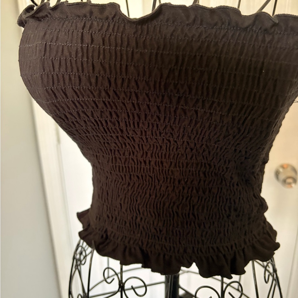 Black Smocked Strapless Ruffle Hem Camisole - Picture 3 of 7